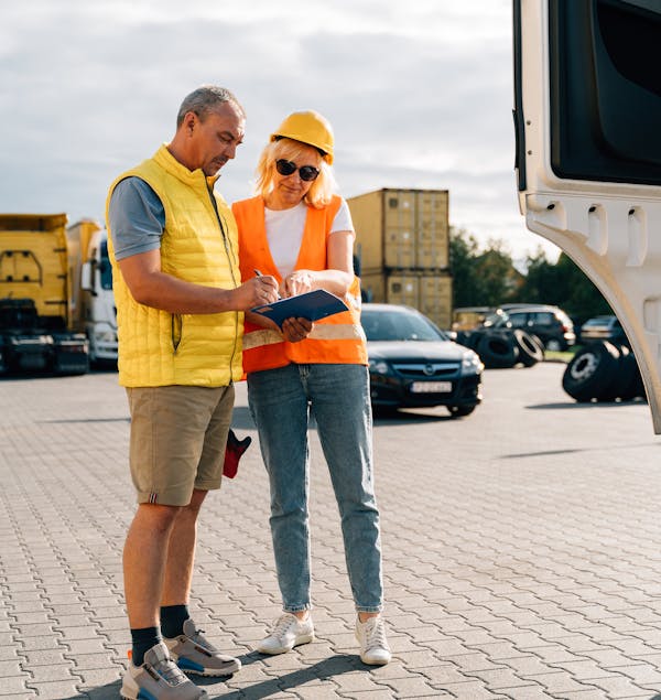 Managers reviewing tracked construction asset data